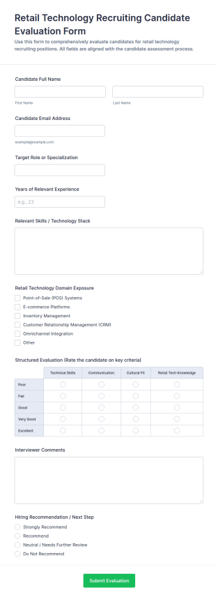 Retail Technology Recruiting Candidate Evaluation Form Template