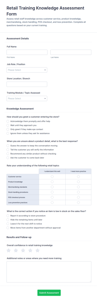 Retail Training Knowledge Assessment Form Template