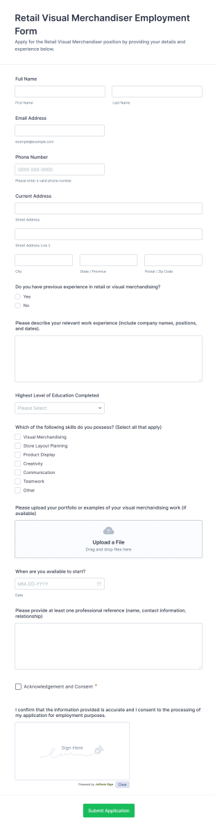 Retail Visual Merchandiser Employment Form Template
