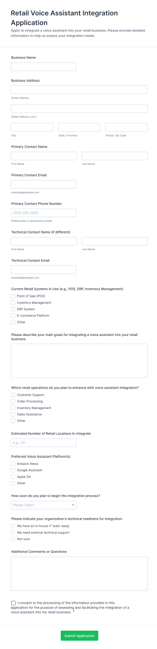 Retail Voice Assistant Integration Application Form Template