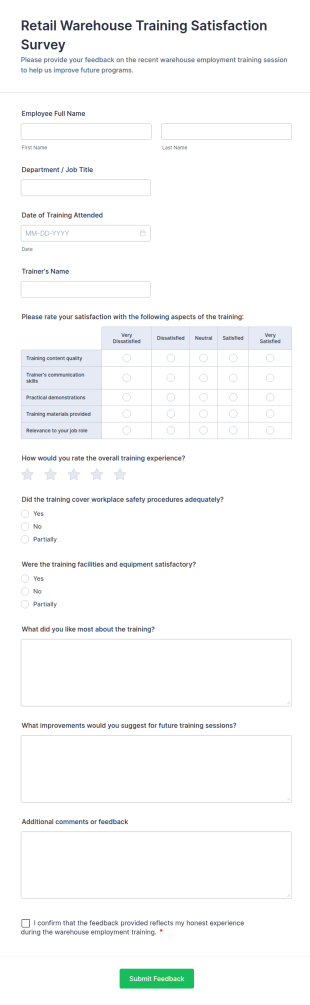 Retail Warehouse Training Satisfaction Survey Form Template