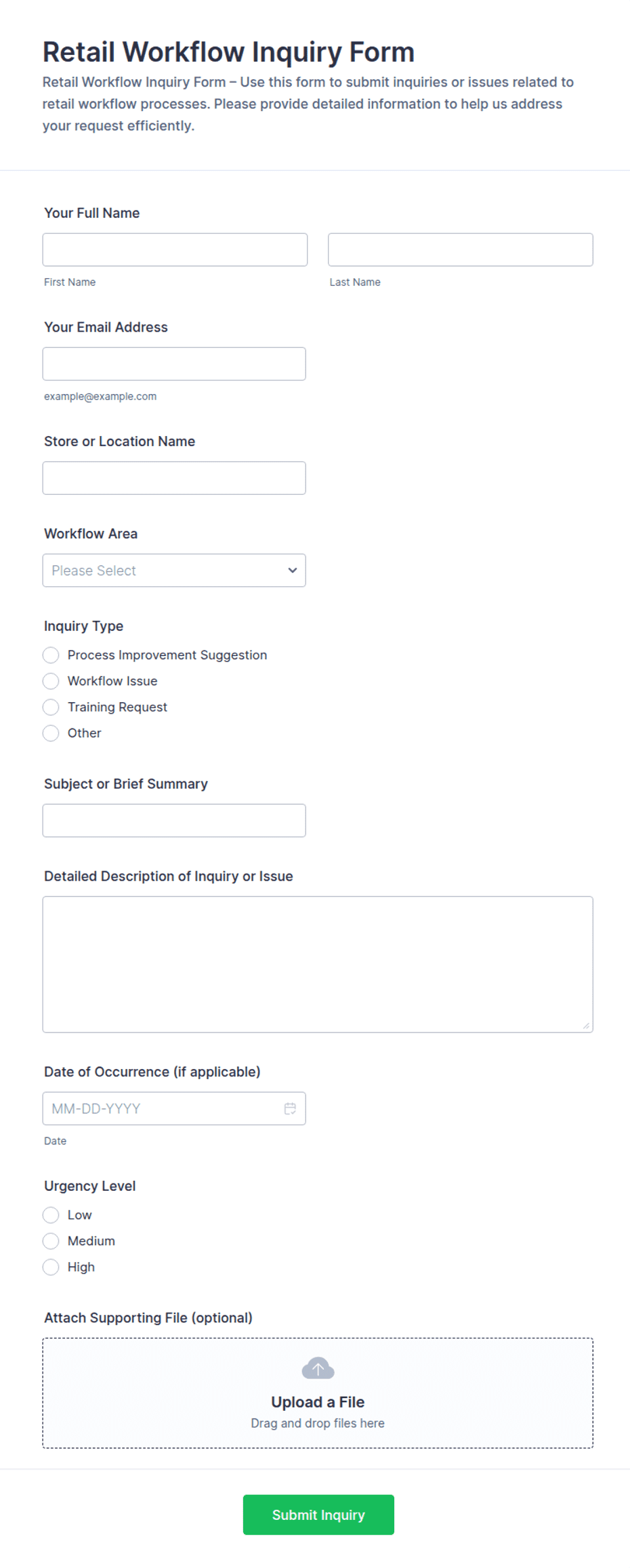 Retail Workflow Inquiry Form Template | Jotform