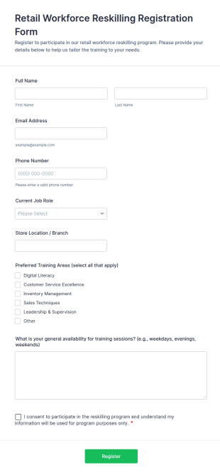 Retail Workforce Reskilling Registration Form Template