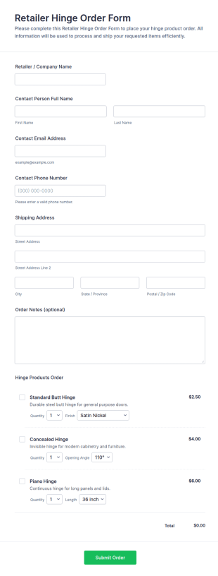Retailer Hinge Order Form Template