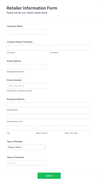 Retailer Information Form Form Template