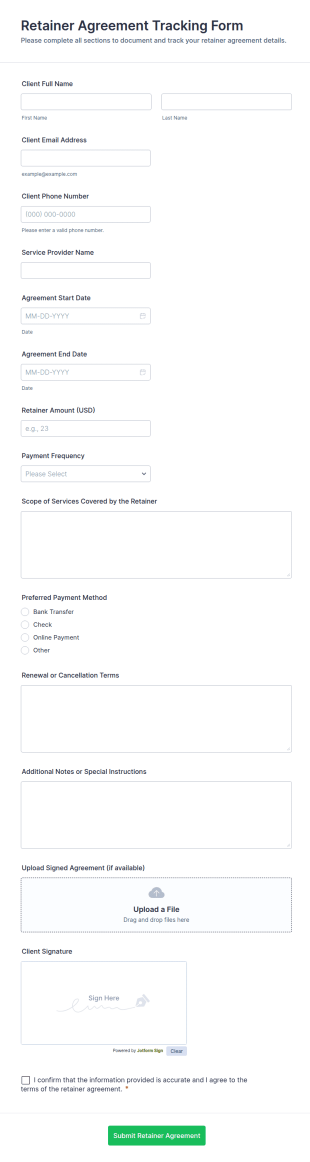 Retainer Agreement Tracking Form Template