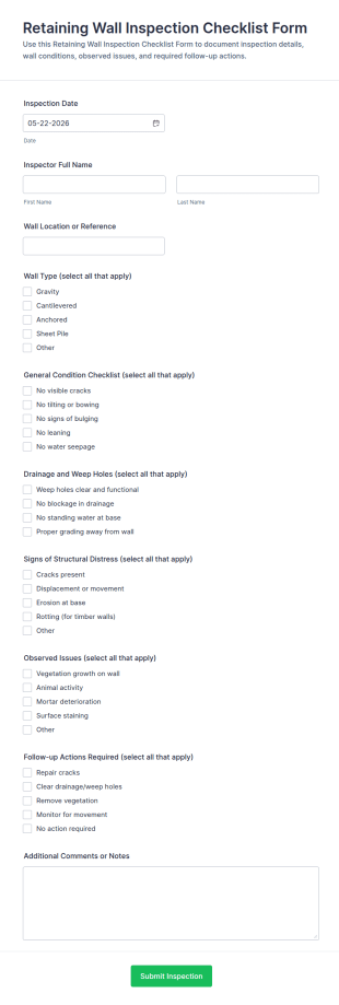 Retaining Wall Inspection Checklist Form Template