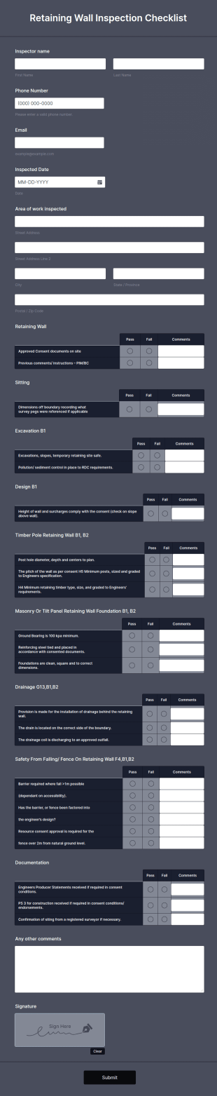 Retaining Wall Inspection Checklist Form Template