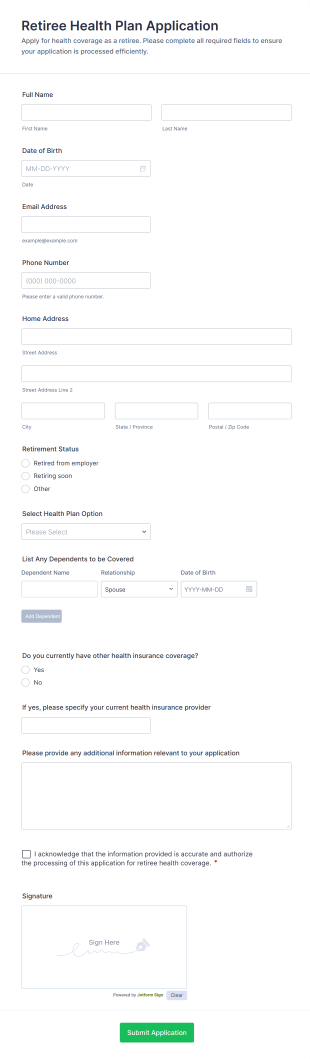 Retiree Health Plan Application Form Template