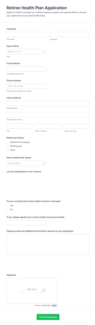 Retiree Health Plan Application Form Template