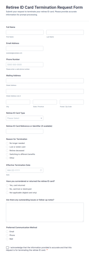 Retiree ID Card Termination Request Form Template