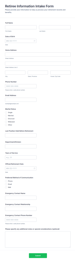Retiree Information Intake Form Template