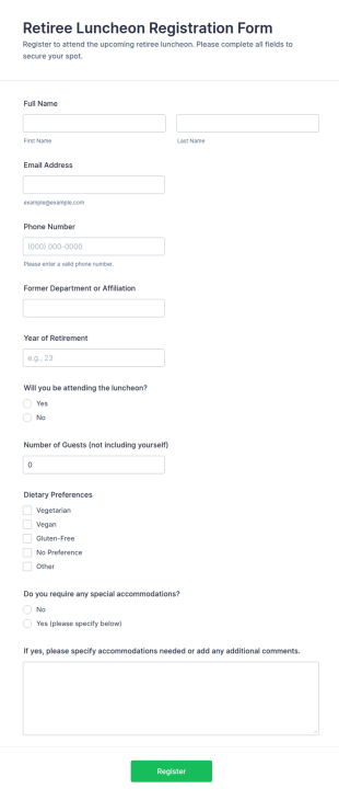 Retiree Luncheon Registration Form Template