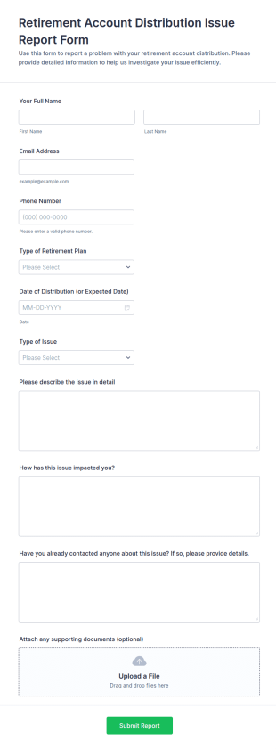 Retirement Account Distribution Issue Report Form Template