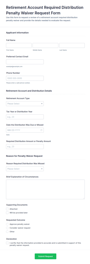 Retirement Account Required Distribution Penalty Waiver Request Form Template