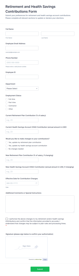 Retirement And Health Savings Contributions Form Template
