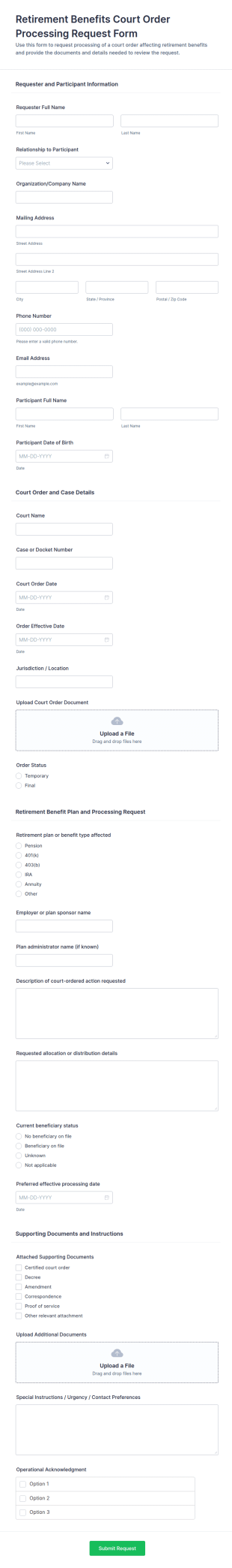 Retirement Benefits Court Order Processing Request Form Template