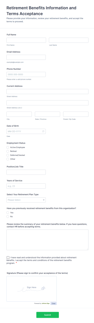 Retirement Benefits Information And Terms Acceptance Form Template