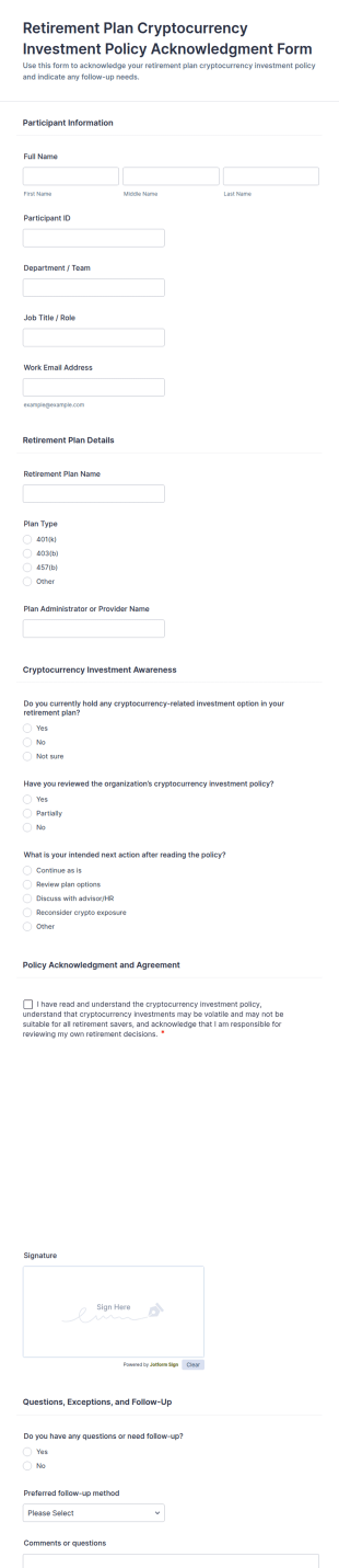 Retirement Plan Cryptocurrency Investment Policy Acknowledgment Form Template