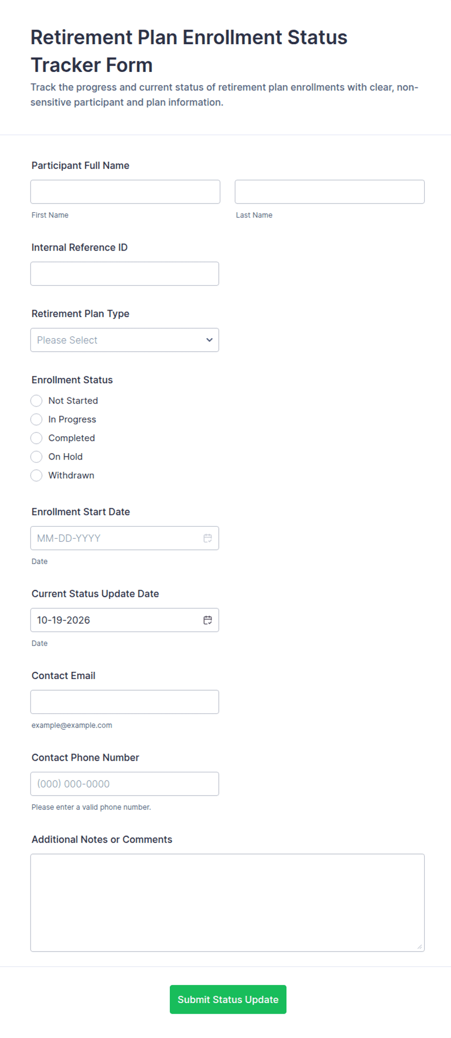 Retirement Plan Enrollment Status Tracker Form Template | Jotform