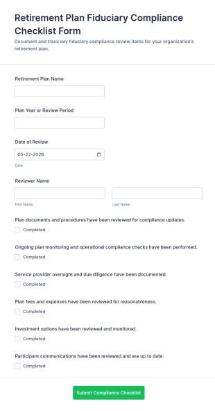 Retirement Plan Fiduciary Compliance Checklist Form Template