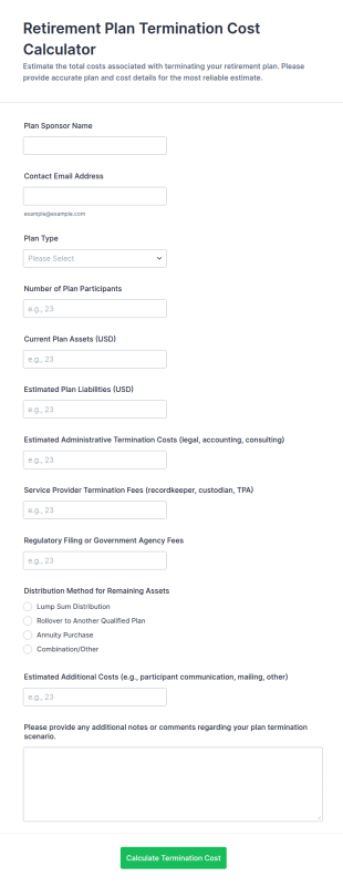 Retirement Plan Termination Cost Calculator Form Template