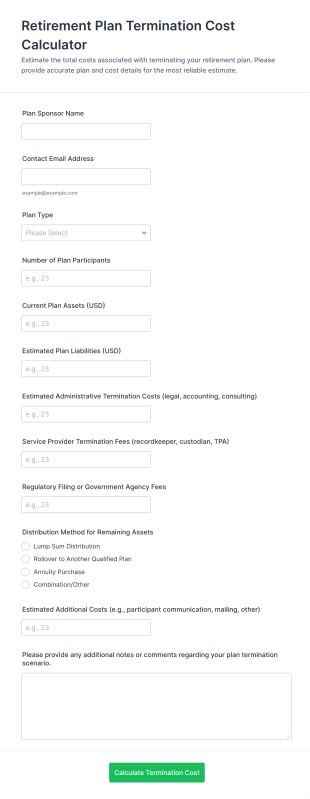 Retirement Plan Termination Cost Calculator Form Template