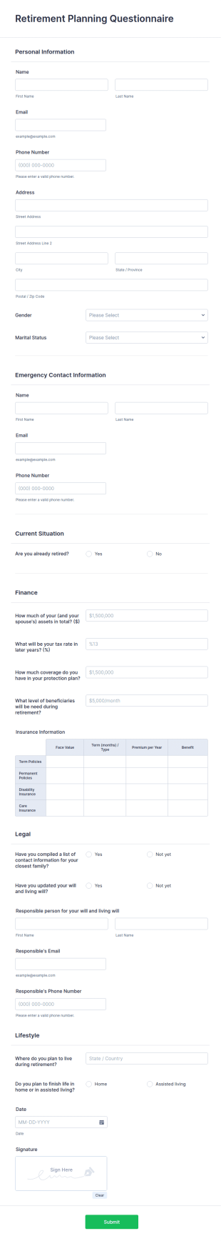 Retirement Planning Questionnaire Form Template