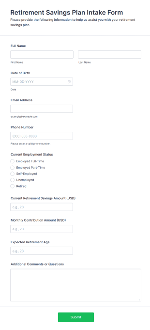 Retirement Savings Plan Intake Form Form Template
