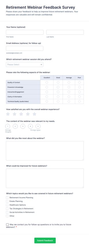 Retirement Webinar Feedback Survey Form Template