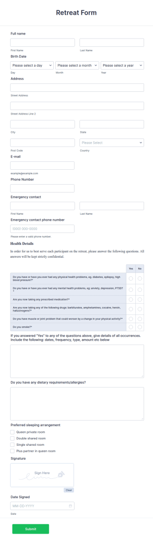 Retreat Form Template