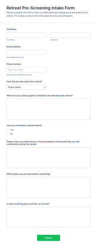 Retreat Pre Screening Intake Form Template