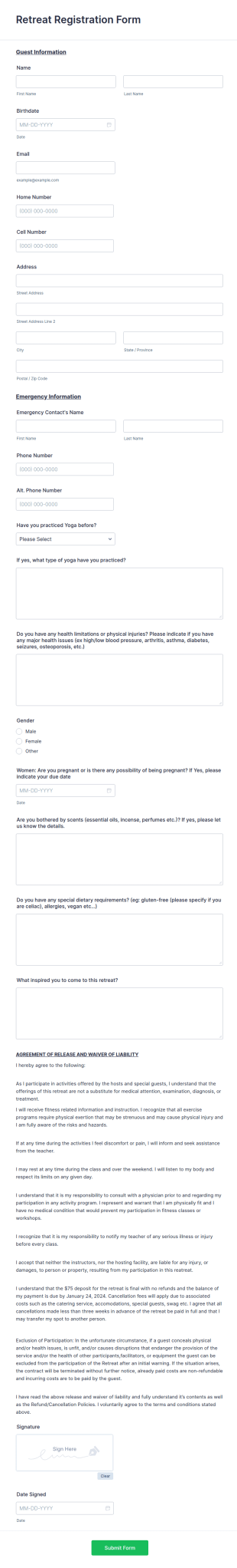 Retreat Registration Form Template