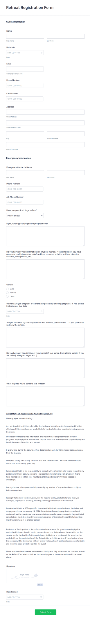 Retreat Registration Form Template