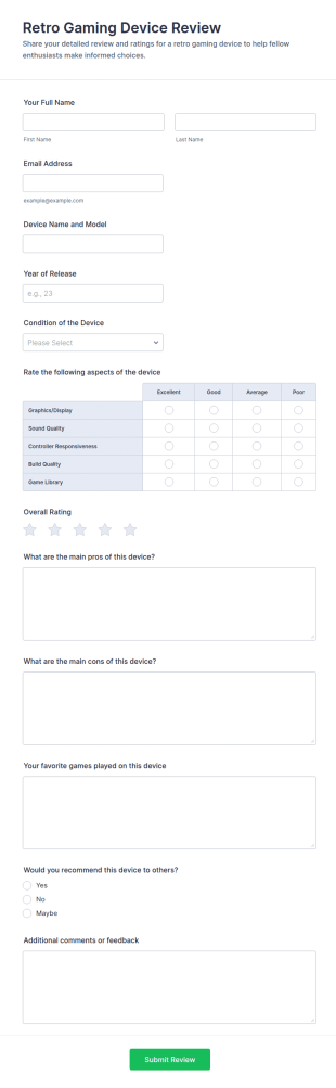 Retro Gaming Device Review Form Template