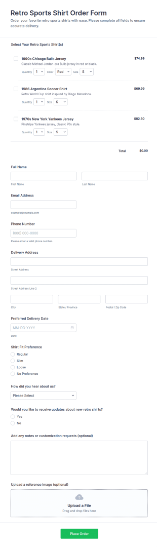 Retro Sports Shirt Order Form Template