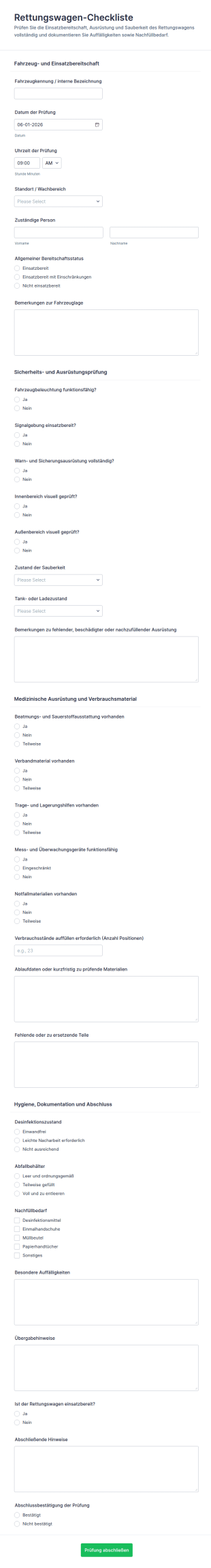 Rettungswagen Checkliste Formular