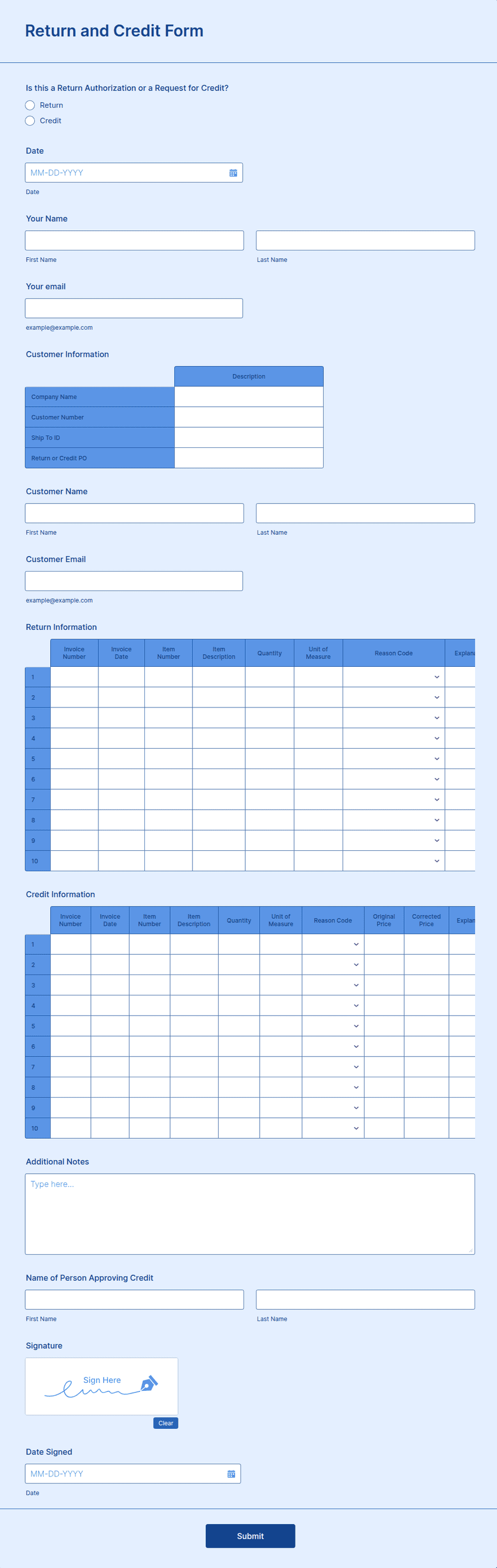 Printable Starkey Return Form.pdf Return and Credit Form Template | Jotform