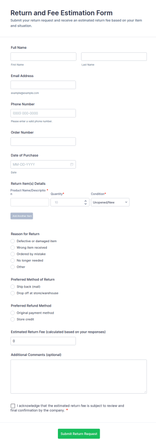 Return And Fee Estimation Form Template