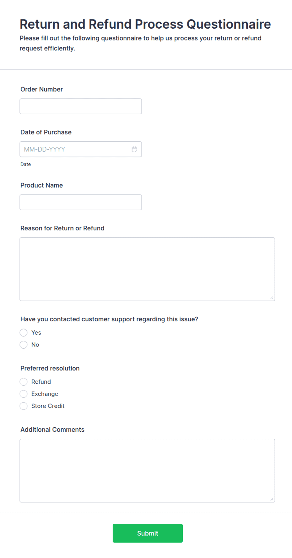 Return Question Return and Refund Process Questionnaire Form Template | Jotform