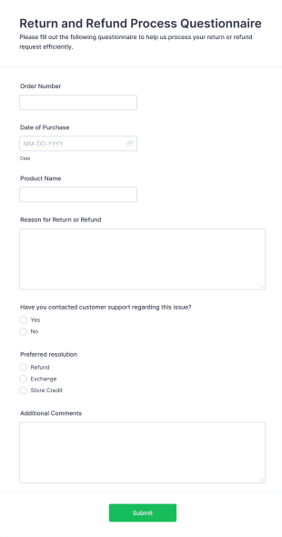 Return And Refund Process Questionnaire Form Template