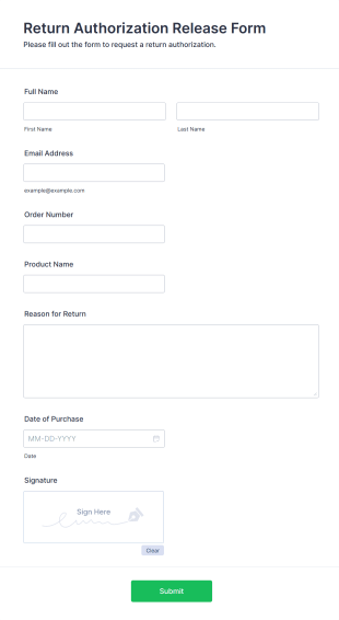 Return Authorization Release Form Form Template