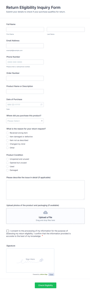 Return Eligibility Inquiry Form Template