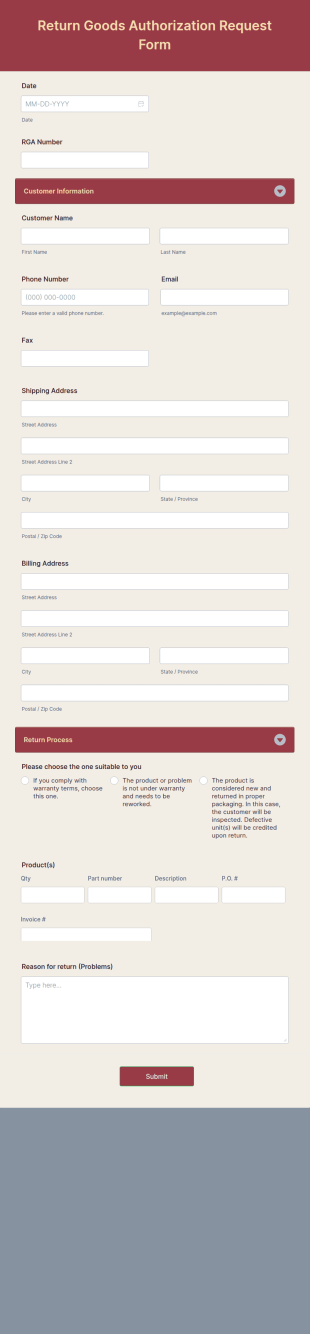 Return Goods Authorization Request Form Template