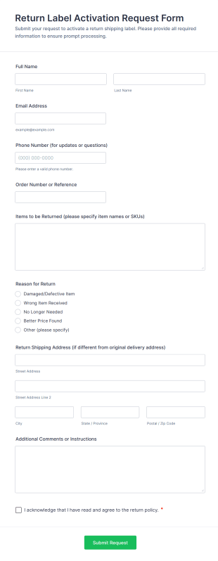 Return Label Activation Request Form Template