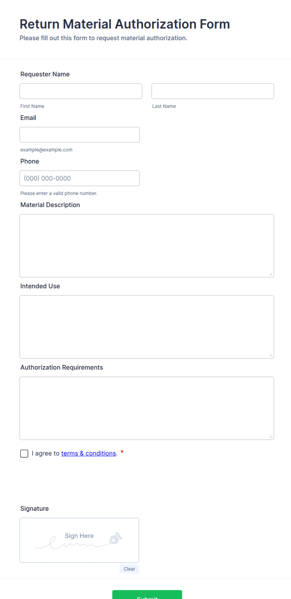 Return Material Authorization Form Template Jotform