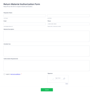 Return Material Authorization Form Template