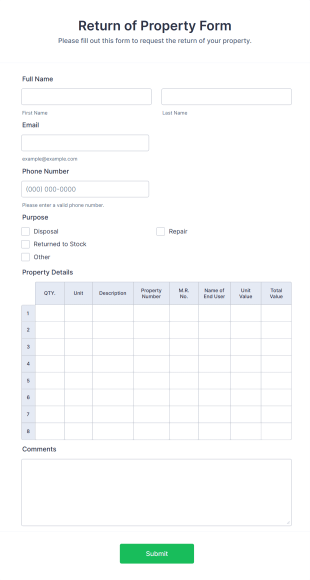 Return Of Property Form Template