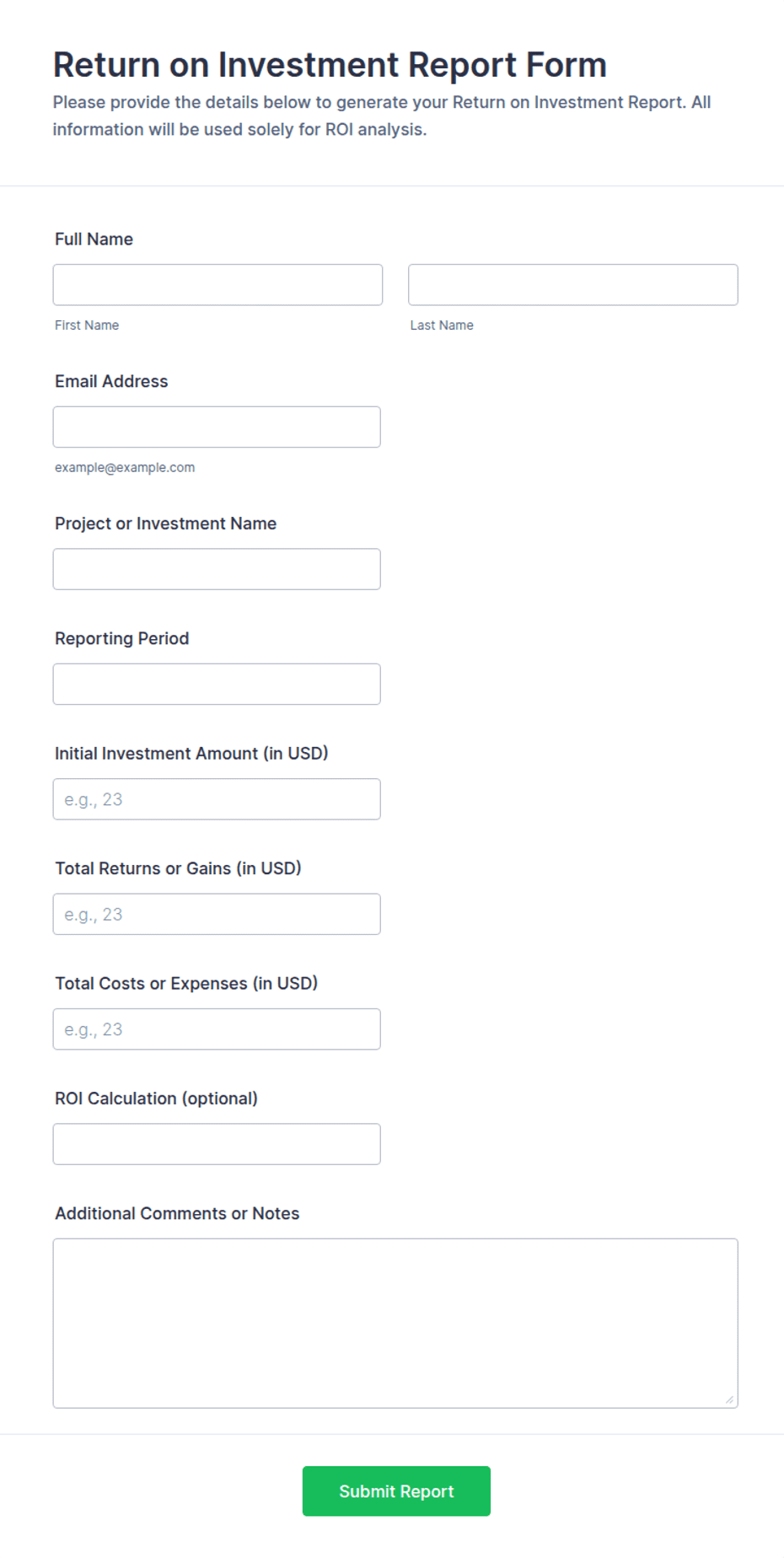 Reort Sample Return on Investment Report Form Template | Jotform