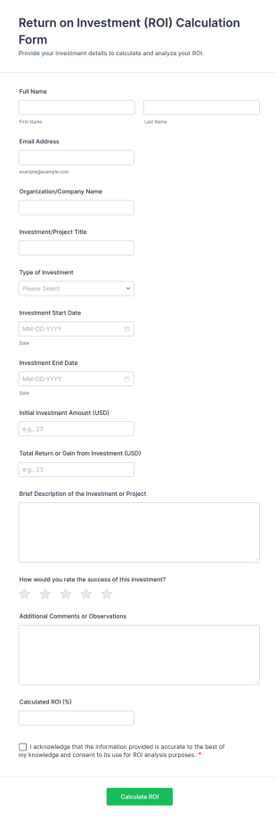 Return On Investment (ROI) Calculation Form Template